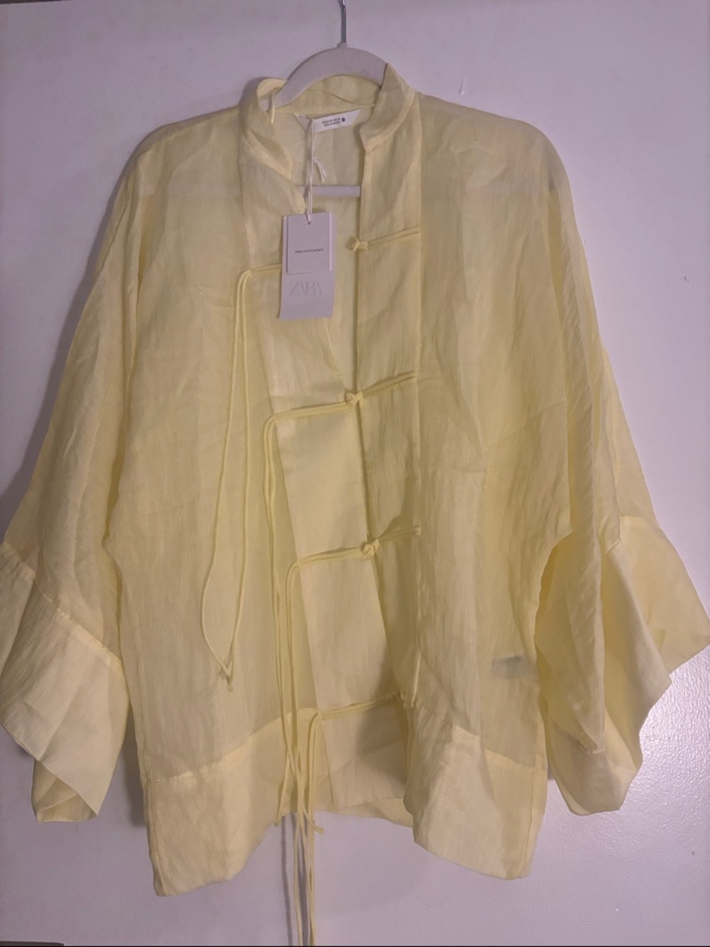 Zara Pale Yellow Sheer Tie-Front Blouse